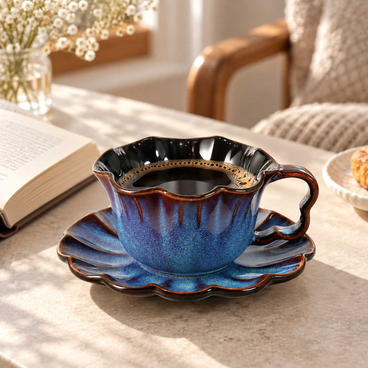 Reactive Glaze Flower Petal Coffee Cup and Saucer