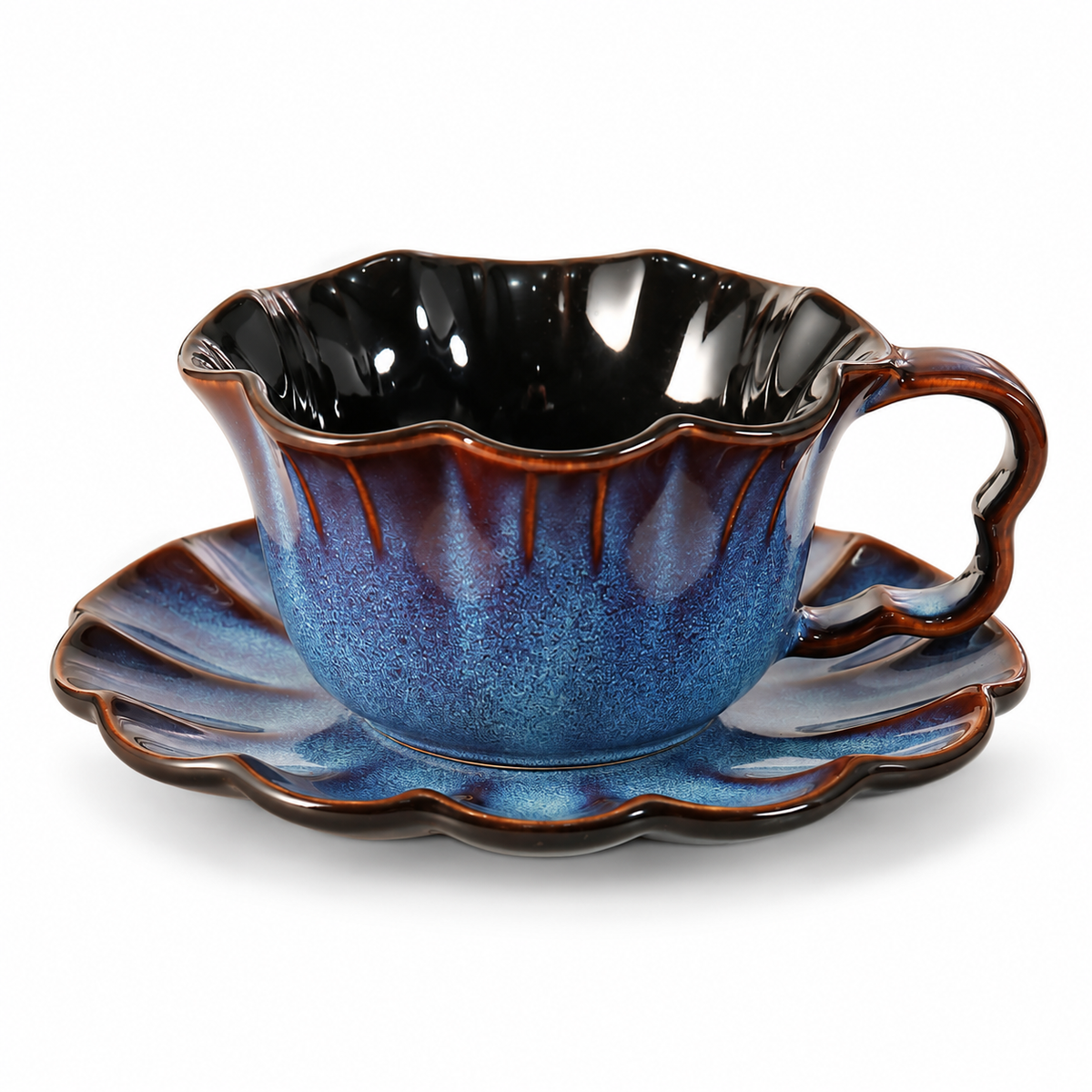 Reactive Glaze Flower Petal Coffee Cup and Saucer