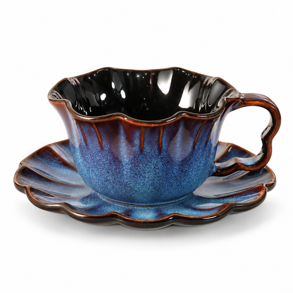 Reactive Glaze Flower Petal Coffee Cup and Saucer