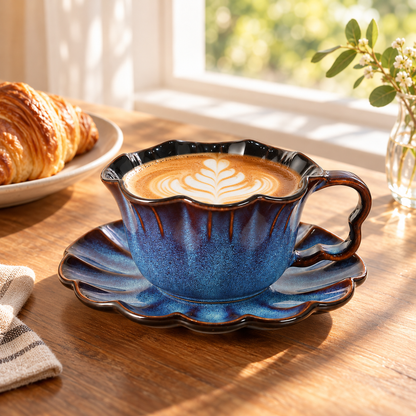 Reactive Glaze Flower Petal Coffee Cup and Saucer